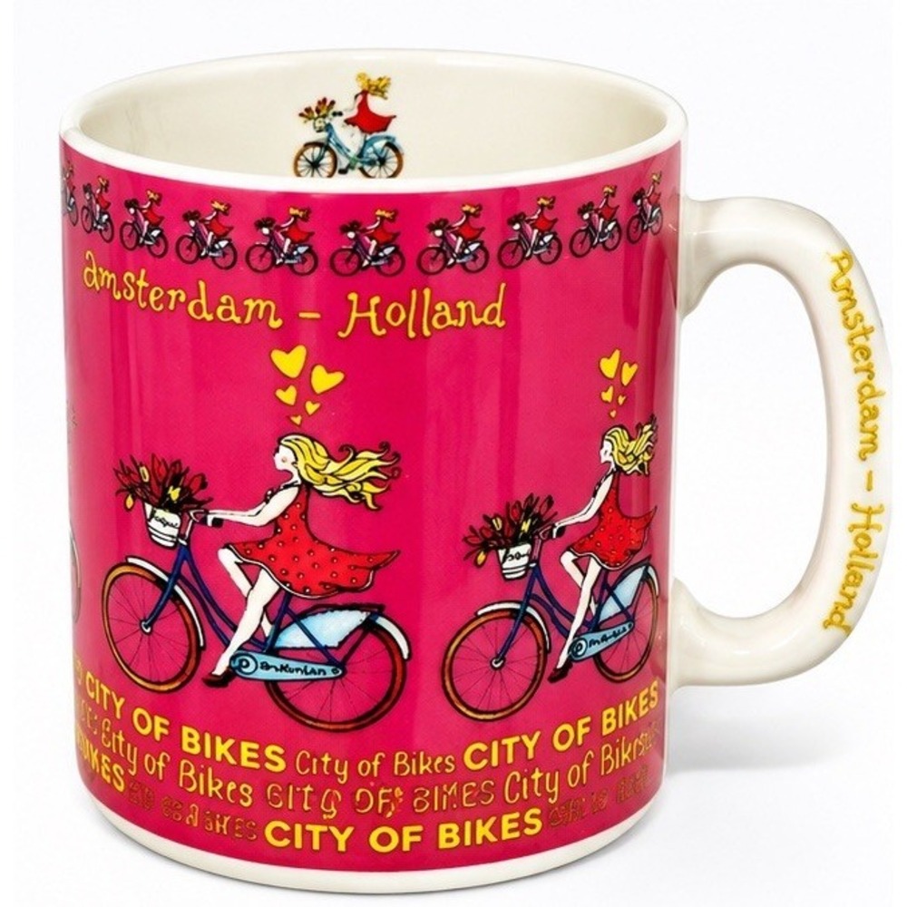 Amsterdam Holland City of Bikes Mug Pink Bicycle Woman Netherlands Souvenir